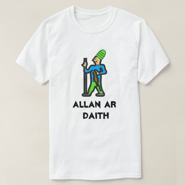 Camiseta Homem andando numa viagem e texto galês ALLAN AR D (Frente do Design)