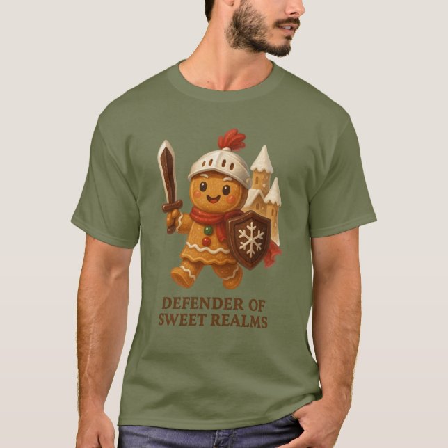 Camiseta Homem de Biscoito - Defensor do Natal do Reino  (Frente)