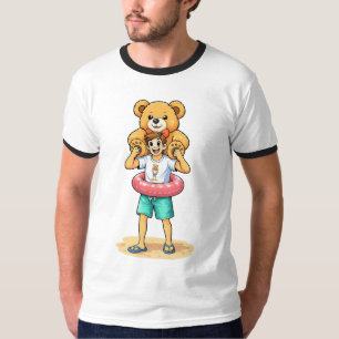 Camiseta Homem de Desenho Animado Fofo com Urso de Pelúcia 