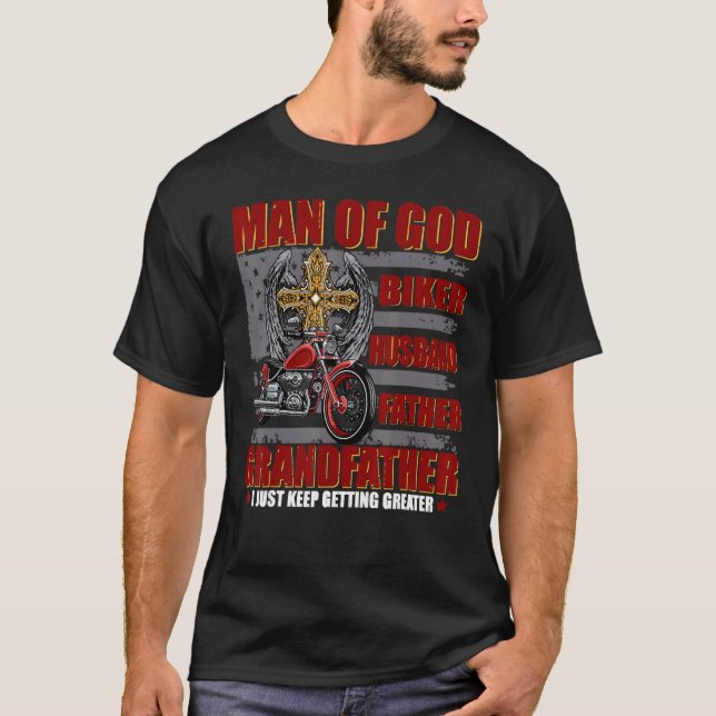 Camiseta Homem de Deus Biker Pai De Marido Eu Só Continuo A (Frente)
