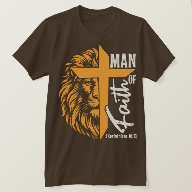 Camiseta Homem De Fé Com Leão E Cruz (Frente do Design)