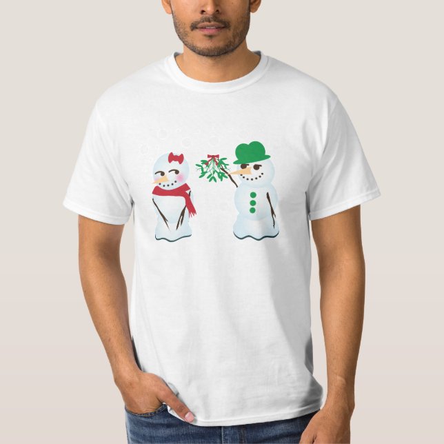 Camiseta Homem de neve com Mistletoe querendo um beijo (Frente)