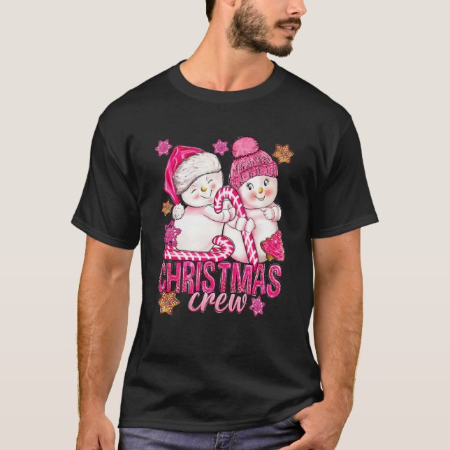 Camiseta Homem de Neve Rosa De Natal Com Canas Doces E Xmas (Frente)