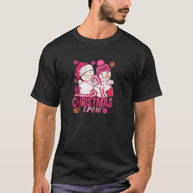 Camiseta Homem de Neve Rosa De Natal Com Canas Doces E Xmas (Frente)