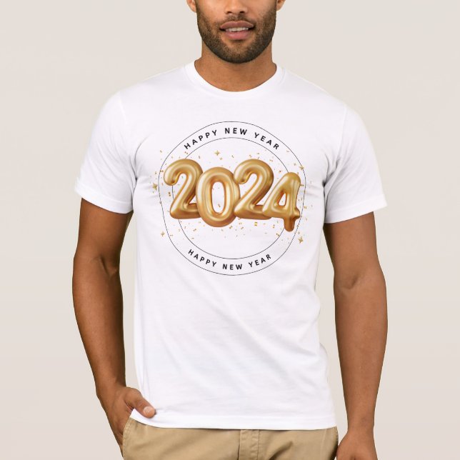 Camiseta Homem do Trendy Dourado Script Feliz ano novo 2024 (Frente)
