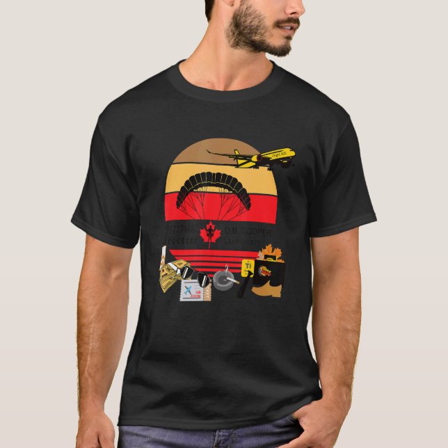 Camiseta Homem-Mistério Hijack Skydive 1971 D B Cooper (Frente)