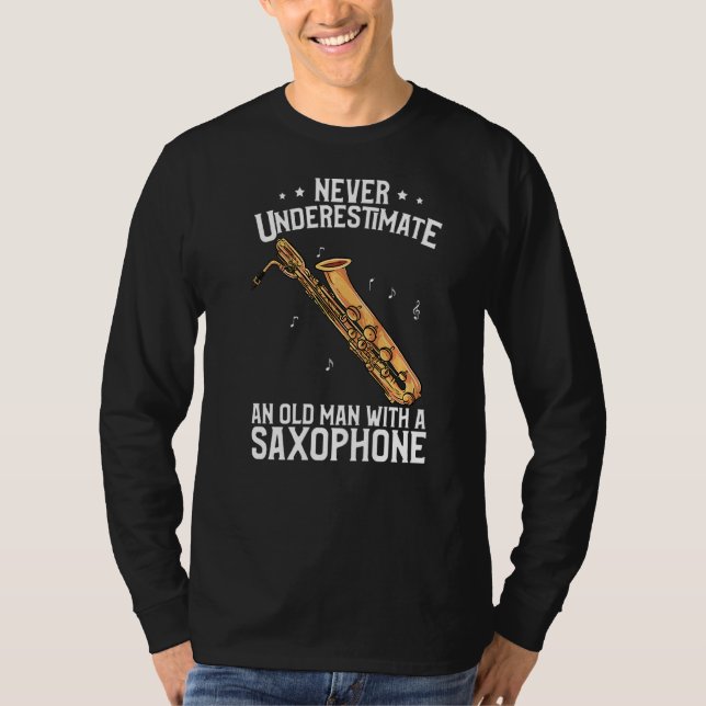 Camiseta Homem Velho Baritone Saxofone Com Saxofone (Frente)