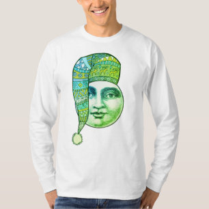 Camiseta Homem vintage lua cheia rosto azul verde chapéu de
