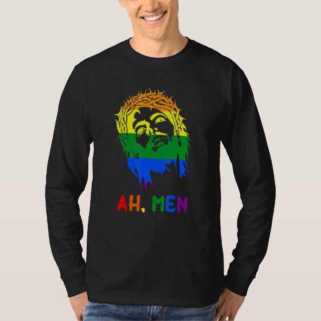 Camiseta Homens Arco-Íris LGBTQ Orgulho Bandeira Gay Jesus  (Frente)