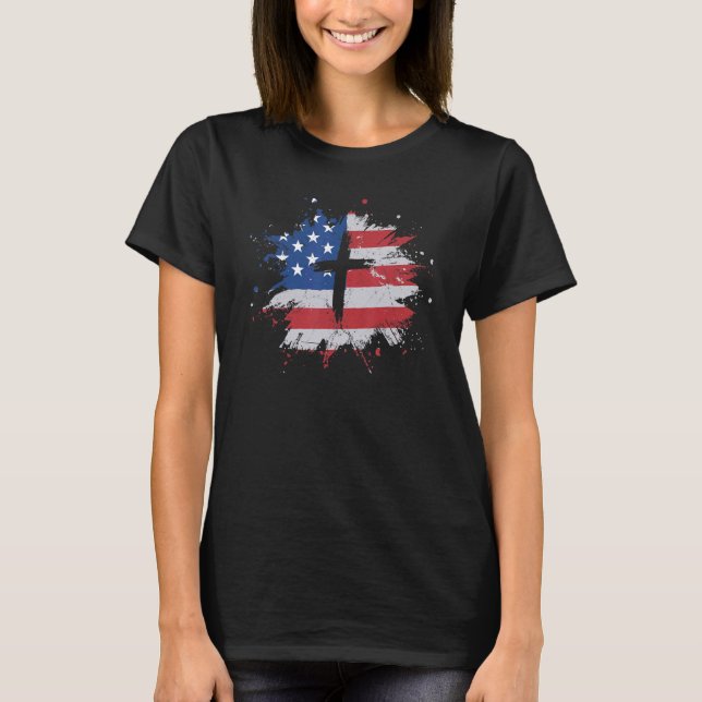 Camiseta Homens Cristãos da Bandeira Cruzada-Americana (Frente)