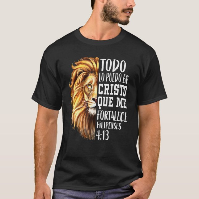 Camiseta Homens Cristãos legal Bíblia Espanhola Verso Leão  (Frente)