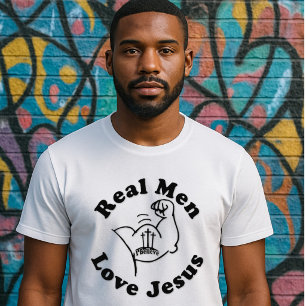 Camiseta Homens de Verdade Amam Jesus - Braço Forte- Cruz U