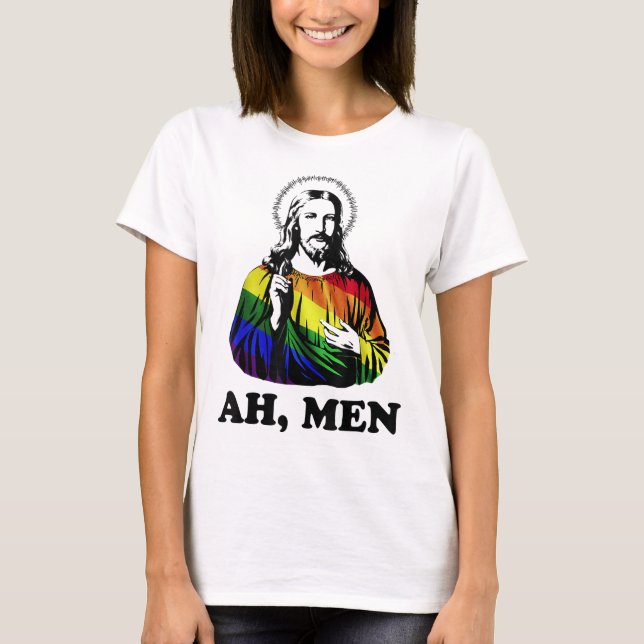 Camiseta Homens Engraçados Jesus Cristão Arco-Íris LGBT, Or (Frente)