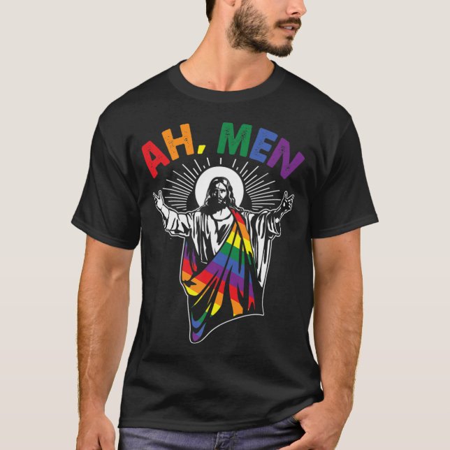 Camiseta Homens Engraçados LGBT Orgulho gay Jesus Arco-Íris (Frente)