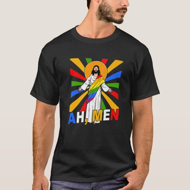 Camiseta Homens Engraçados LGBT Orgulho gay Jesus Arco-Íris (Frente)