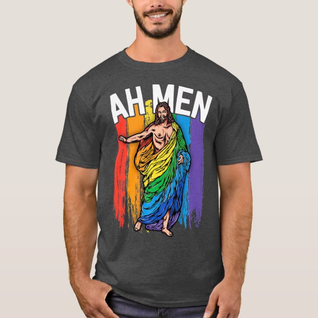 Camiseta Homens Gay Jesus Funny LGBQ s Oferece Arco-Íris (Frente)