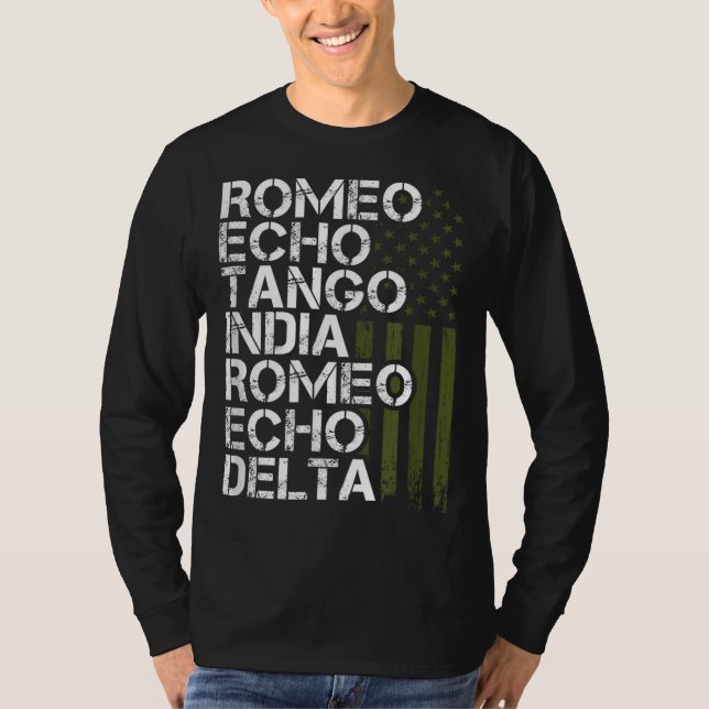 Camiseta Homens Militares Reformados Alphabet Retir Telefôn (Frente)