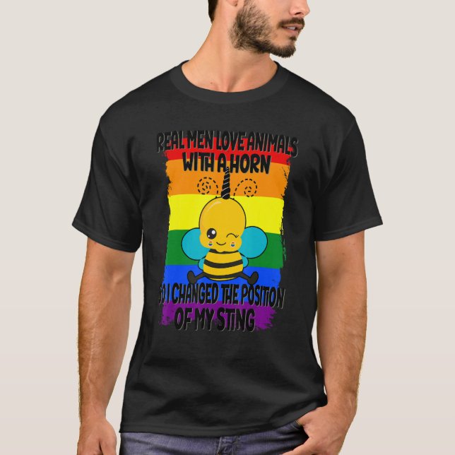 Camiseta Homens Reais Orgulham LGBTQ Abelhas Engraçadas Gay (Frente)