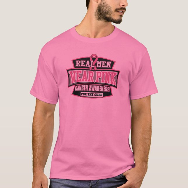 Camiseta Homens Reais Vestem Rosa Para O Cancer Raio Da Mam (Frente)