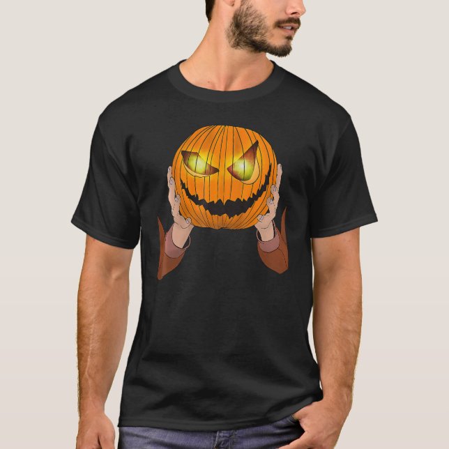 Camiseta Homens Sem Cabeça Figuram Pumpkin Cabeça Para Hall (Frente)