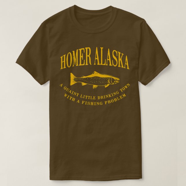 Camiseta Homer Alaska, Cidade Bebendo Com Problema De Pesca (Frente do Design)