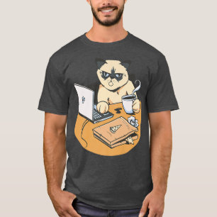 Camiseta Homo Office Cat Com Café Em Um Computador 995