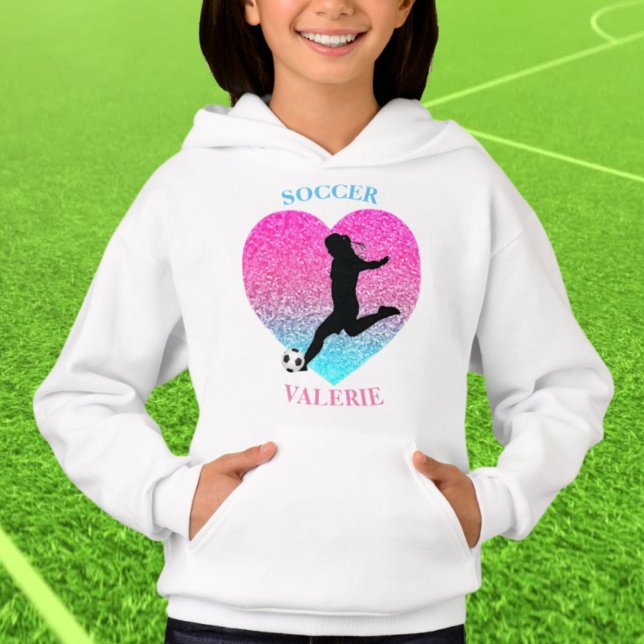 Camiseta Hoodie do Coração de Garota de Futebol com Nome (Criador carregado)