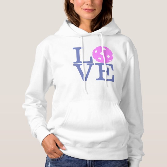 Camiseta Hoodie do Pickleball das mulheres: "AMOR" (rosa) (Frente)