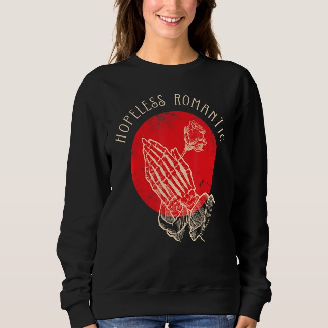 Camiseta Hopeless Romantic, Praying Hands Rose Skeleton Val (Frente)