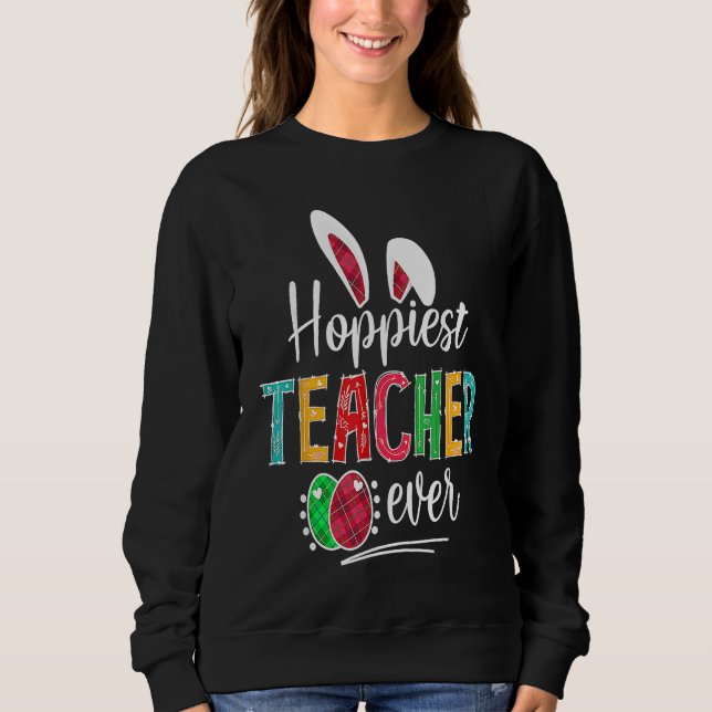 Camiseta Hoppiest Teacher Ever Bunny Ears Buffalo Plaid Eas (Frente)