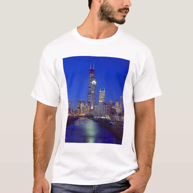 Camiseta Horizonte de Chicago, Illinois, à noite com Chicag (Frente)