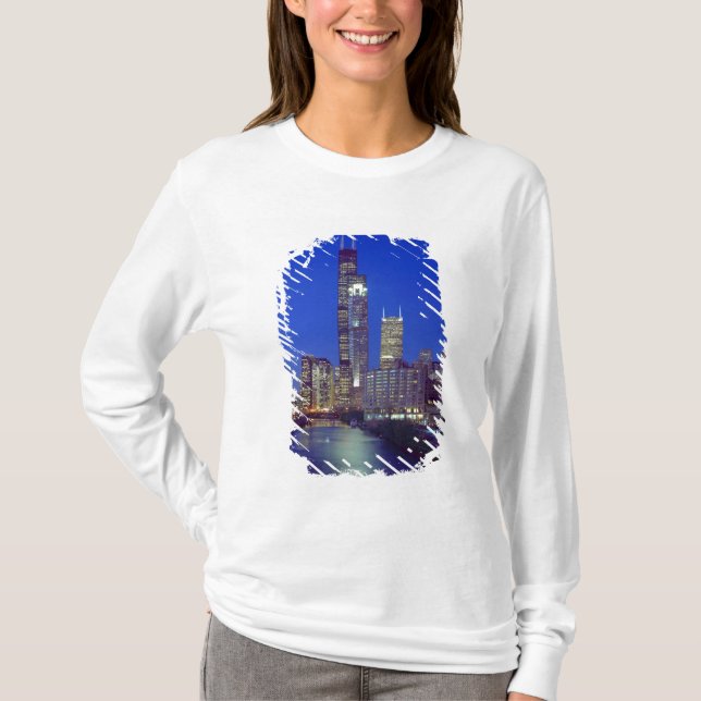 Camiseta Horizonte de Chicago, Illinois, à noite com Chicag (Frente)