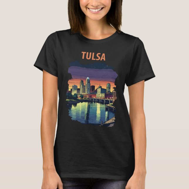 Camiseta Horizonte de Tulsa Oklahoma Neon Viagens (Frente)