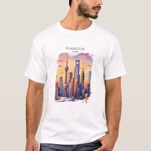 Camiseta Horizonte de Xangai Viagem à China Aquarela