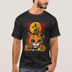Camiseta Horror de Gato Carvado Pumpkin Rosto Halloween Fig