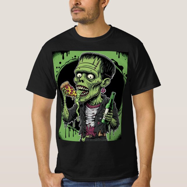 Camiseta Horror Halloween Zombie: Frankenstein Pizza Horror (Frente)