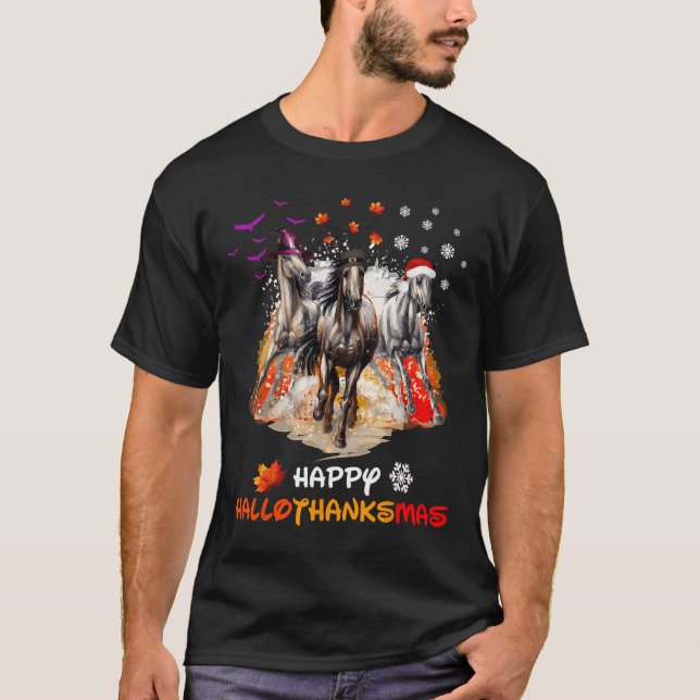Camiseta Horse Halloween And Merry Christmas Happy Hallotha (Frente)