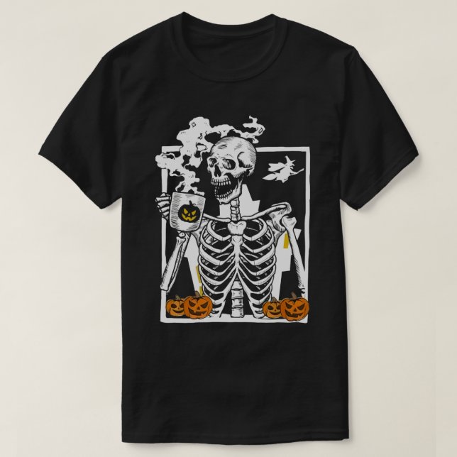 Camiseta Hot Coffee Skeleton Drinking Funny Halloween Skull (Frente do Design)