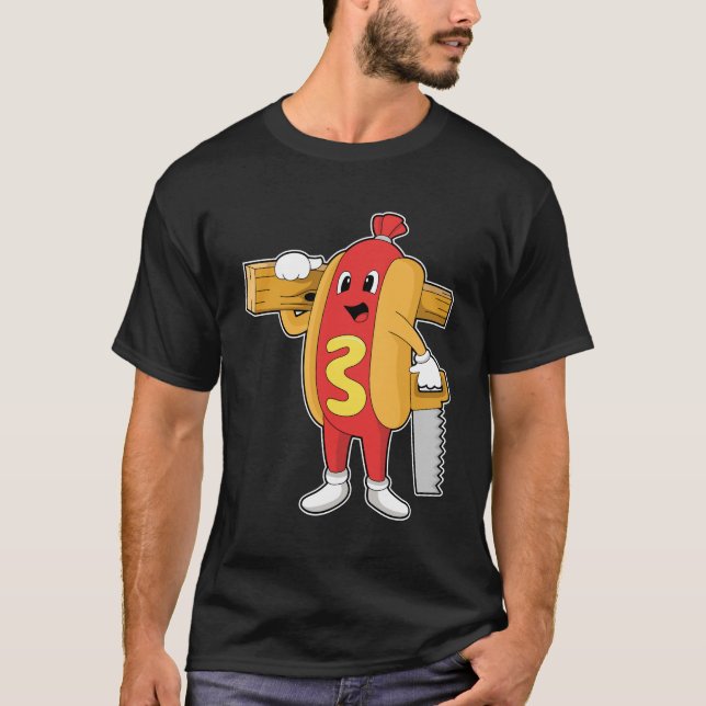 Camiseta Hotdog como carpinteiro com serra e madeira (Frente)