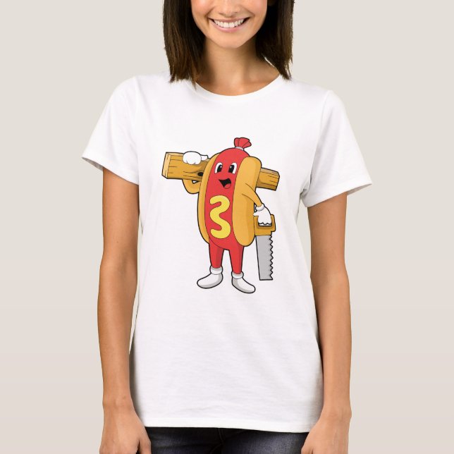 Camiseta Hotdog como carpinteiro com serra e madeira (Frente)