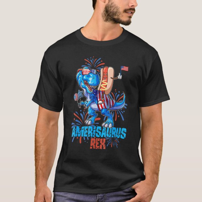 Camiseta Hotdog Rex Dinosaur 4th of July Amerisaurus (Frente)