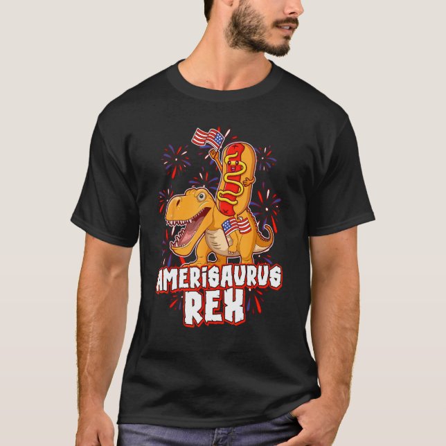 Camiseta Hotdog Rex Dinosaur 4th of July Amerisaurus (Frente)