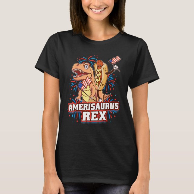 Camiseta Hotdog Rex Dinosaur 4th of July Amerisaurus  1 (Frente)