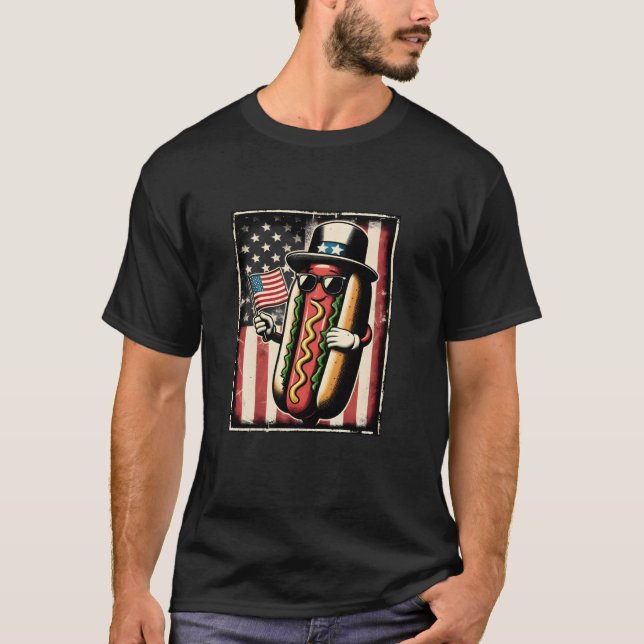 Camiseta Hotdog Sunglass American Flag USA 4 De Julho Fu (Frente)
