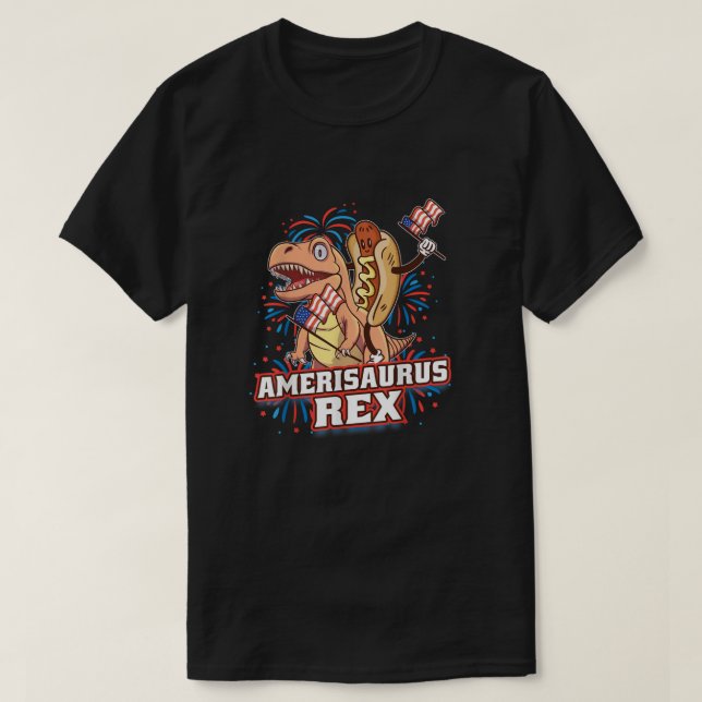 Camiseta Hotdog T Rex Dinossaur 4 de julho Amerisaurus Funn (Frente do Design)