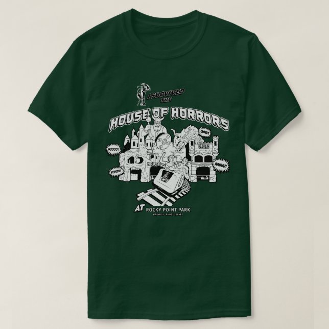 Camiseta House of Horrors Rocky Point Warwick RI BW (Frente do Design)