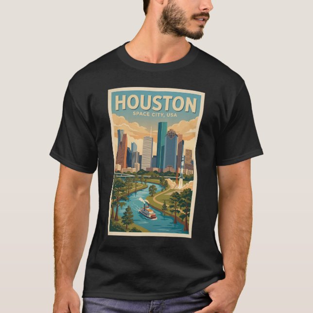 Camiseta Houston Texas Illustration Travel Art Vintage (Frente)