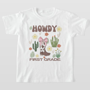 Camiseta Howdy First Grade Kids T-Shirt, Garota-Vaca Primei