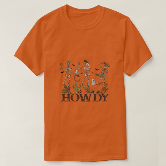 Camiseta Howdy Halloween Skeletons (Frente do Design)