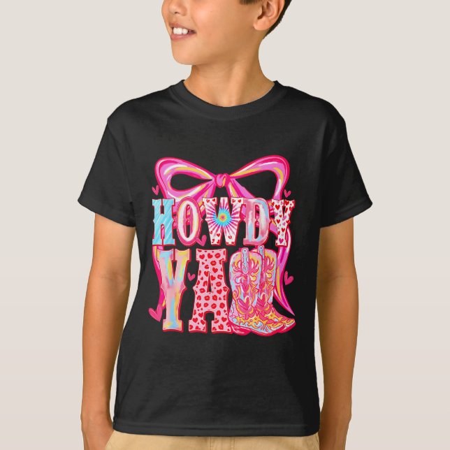 Camiseta Howdy Yall Cowboy Boots Coquette Bow Western Valen (Frente)